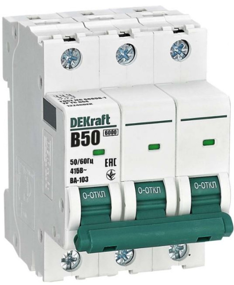 Изображение товара Автоматический выключатель DEKraft 12246DEK 50А 415В IP20 6 кА трехполюсный