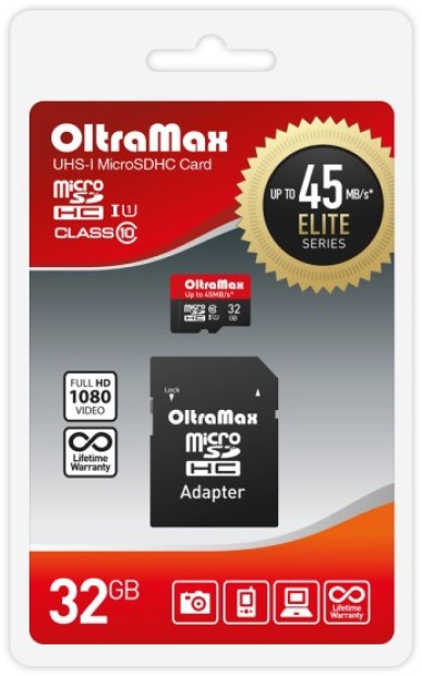 

Карта памяти MicroSDHC 32GB OltraMax OM032GCSDHC10UHS-1-ElU1 Class 10 Elite UHS-I (45 Mb/s) + SD адаптер, OM032GCSDHC10UHS-1-ElU1