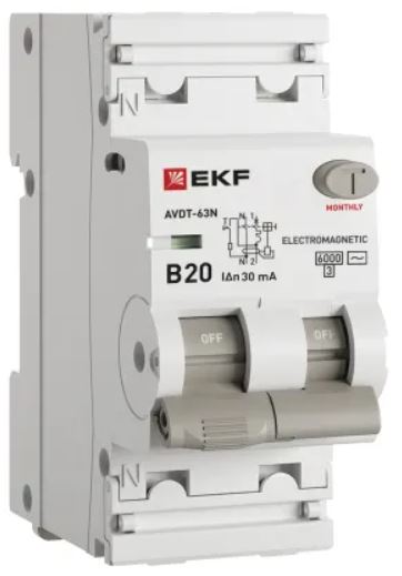 

Автомат дифференциальный EKF D63N26M20B30 АВДТ-63N 1P+N 20А (B) 30мА (AC) эл-мех 6кА PROXIMA, D63N26M20B30