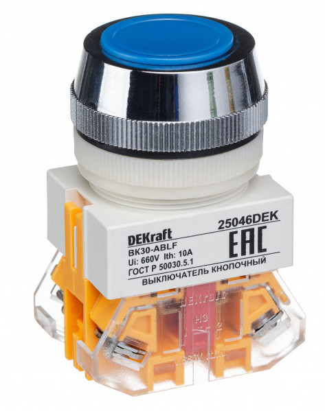 

Выключатель кнопочный DEKraft 25046DEK ABLF D30 СИНИЙ 220В ВK-30, 25046DEK