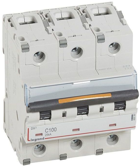 

Автоматический выключатель Legrand 409789 DX³ 25 кА - тип характеристики C, 3П, 400 В~, 100 A, 4,5 модуля, 409789