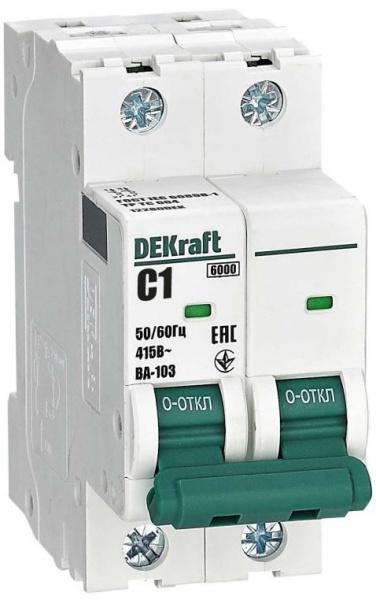 Изображение товара Автоматический выключатель DEKraft ВА-103 2 полюса 6 кА 240 В IP20
