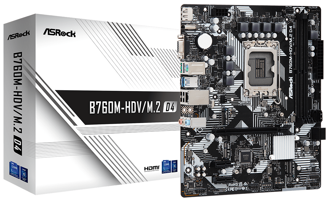 

Материнская плата mATX ASRock B760M-HDV/M.2 D4 (LGA1700, B760, 2*DDR4 (5333), 4*SATA 6G RAID, 2*M.2, 3*PCIE, Glan, HDMI, DP, D-Sub, USB Type-C, 3*USB, B760M-HDV/M.2 D4
