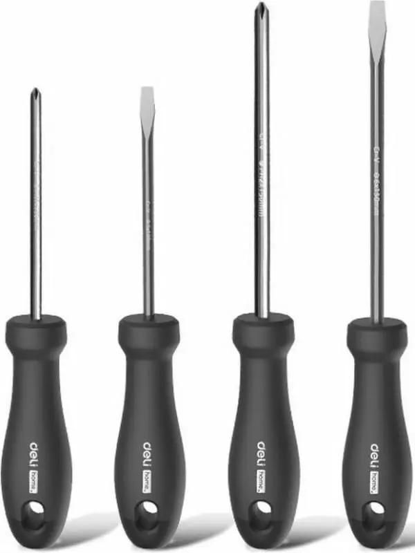 

Набор отверток Deli HT1004 Home Series Black 4шт SL5x100+SL6x150+PH1x100+PH2x150, HT1004