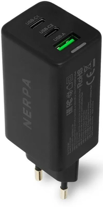 

Зарядное устройство сетевое Nerpa PD333CBX 220В 65W GaN PD+QC3.0, 2xUSB-C, 1xUSB-A, USB-C - USB-C 100W cable 1.5m black, EU plug, BOX, PD333CBX