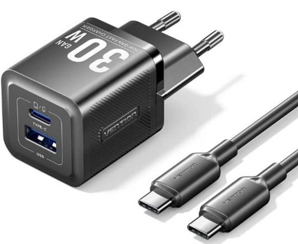 

Зарядное устройство сетевое Vention TZ-FEQB0-EU-01 30W 2 порта USB (C + A) и кабель USB-C 3А Чёрный, TZ-FEQB0-EU-01