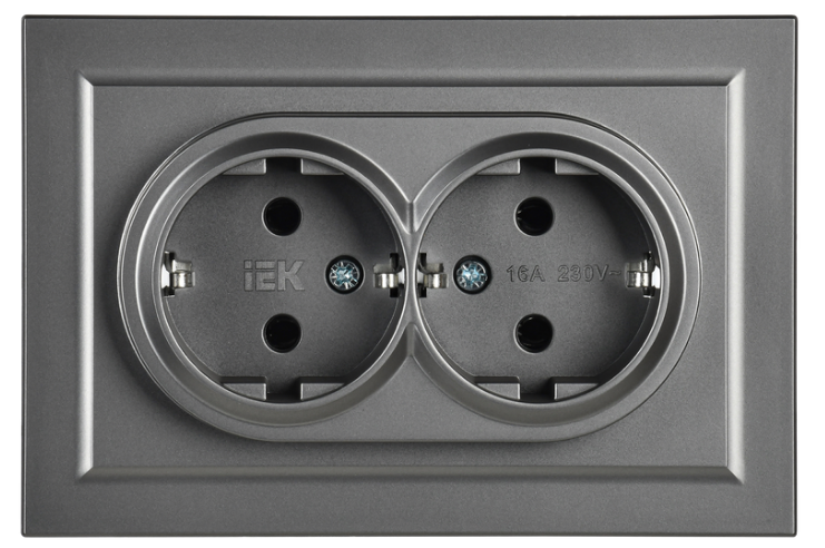 

Розетка двухместная с заземлением в сборе IEK BR-R21-16-K46-F BRITE без защитных шторок 16А РС12-3-БрС Сталь, BR-R21-16-K46-F