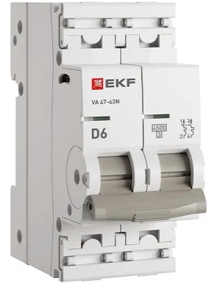 

Автоматический выключатель EKF M634206D 2P 6А (D) 4,5kA ВА 47-63N PROxima, M634206D