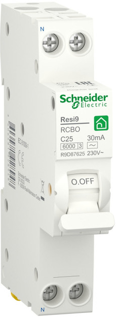 

Автоматический выключатель Schneider Electric RESI9 R9D87625 дифференциального тока (ДИФ) 1P+N С 25А 6000A 30мА 18mm тип AC, RESI9