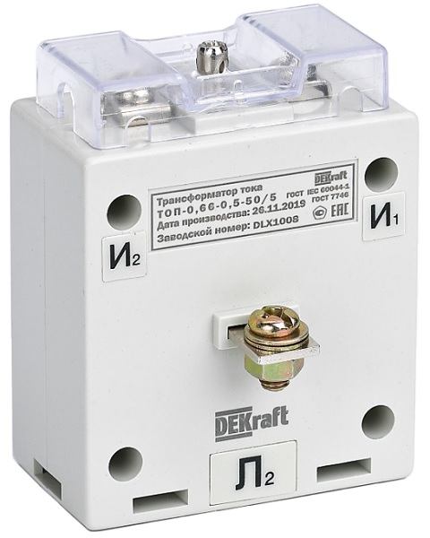 

Трансформатор DEKraft 50119DEK тока ТШП-0,66 0,5S 1000/5 10ВА, диаметр 80мм, 50119DEK