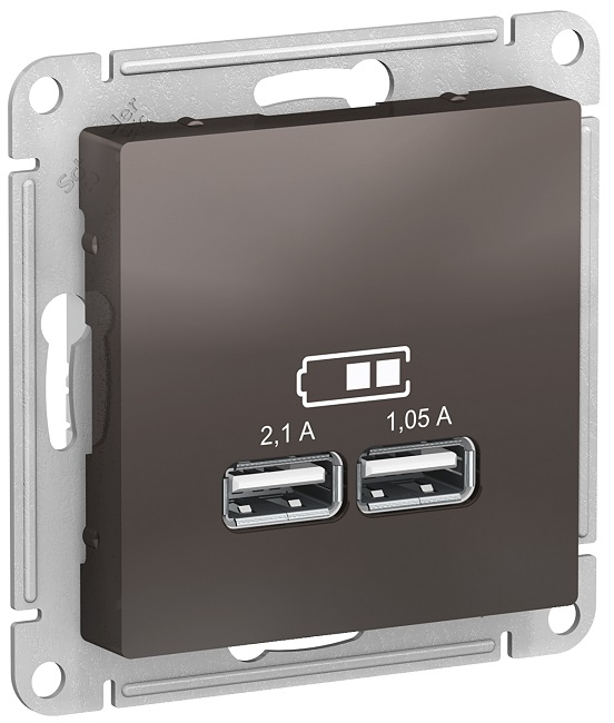 

Розетка Schneider Electric ATN000633 AtlasDesign, USB, 5В, 1 порт x 2,1 А, 2 порта х 1.05 А, механизм, мокко, ATN000633