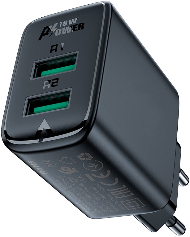 

Зарядное устройство сетевое ACEFAST A33 двухпортовое, 18W, USB Type-A/USB Type-A, чёрное, A33
