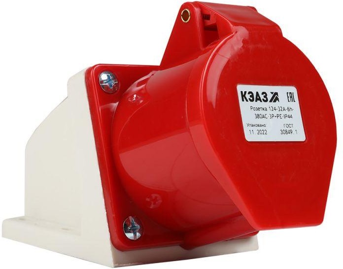 

Розетка КЭАЗ 222756 124-32А-6h-380AC-3P+PE-IP44 для монтажа на поверхность, 222756