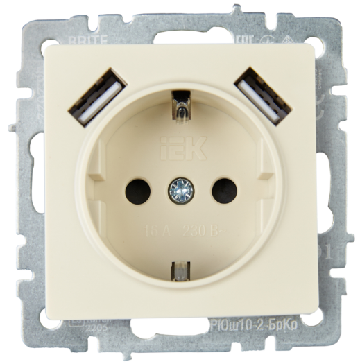 

Розетка с заземлением IEK BR-R14-16-U21-D31-K10 BRITE с защитными шторками 16А с USB A+A 3,1А РЮш10-2-БрКр Бежевый, BR-R14-16-U21-D31-K10