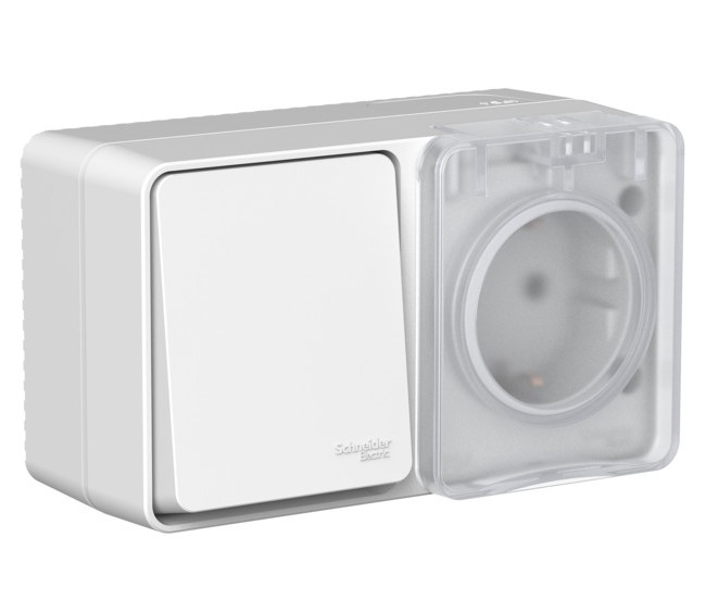 

Блок Systeme Electric ATN543070 AtlasDesign PROFI IP54 О/У Розетка с заземлением со шторками 16А + Выключатель одноклавишный 10А, Серый, ATN543070