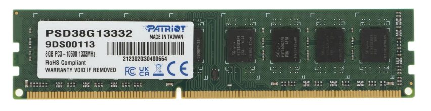 

Модуль памяти DDR3 8GB Patriot Memory PSD38G13332 PC3-10600 1333MHz CL9 1.5V RTL, PSD38G13332
