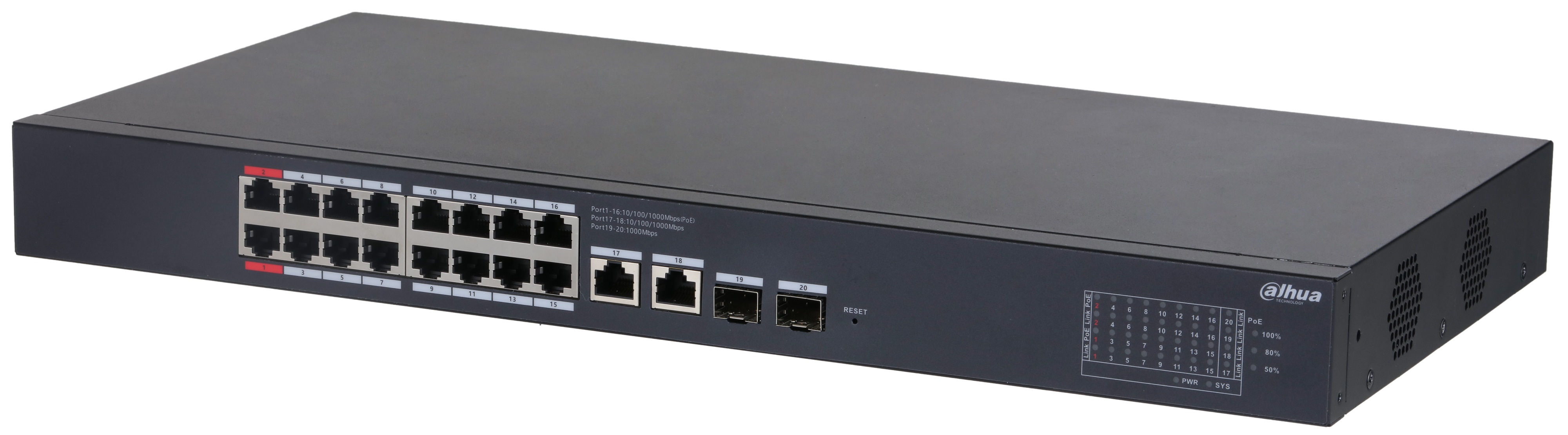 

Коммутатор Dahua DH-CS4220-16GT-240 16-портовый гигабитный PoE с функцией облачного управления, DH-CS4220-16GT-240
