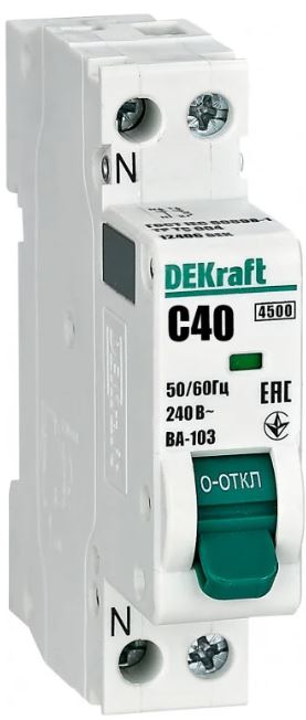 

Автоматический выключатель DEKraft 12406DEK 1+N 40А х-ка C ВА-103 4,5кА, 12406DEK