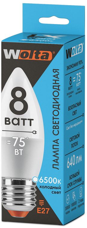 

Лампа светодиодная WOLTA 30WC8E27 LX 8Вт 6500K Е27, 30WC8E27