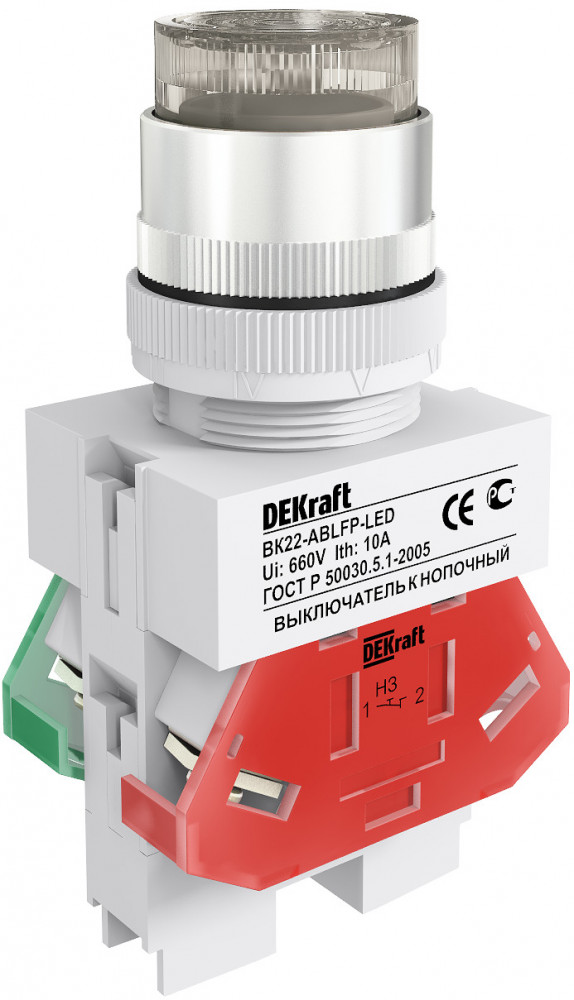 

Выключатель кнопочный DEKraft 25068DEK ABLFP D22 LED бел. 24В AC/DC ВK-22, 25068DEK