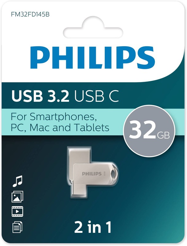 

Накопитель USB 3.2 32GB Philips FM32FD145B/97 Type-C, OTG, USB 3.2/Type-C, Металл, 100 MB/s, FM32FD145B/97