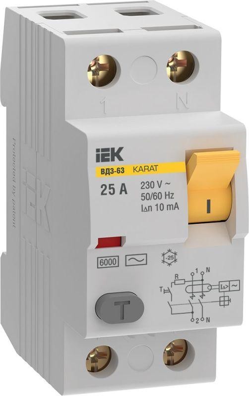 

УЗО IEK MDV20-2-025-010 KARAT ВД3-63 2P 25А 10мА 6кА тип AC, MDV20-2-025-010