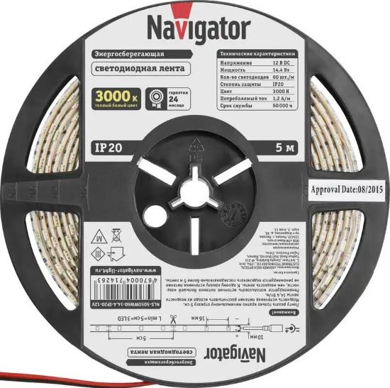 

Лента светодиодная Navigator NLS-5050WW60-14.4-IP20-12V 60LED/м, 14,4Вт, 12В DC, нарез. кр. 50мм, теплый белый 3000К, IP20, 5м. в ролле (71426), NLS-5050WW60-14.4-IP20-12V