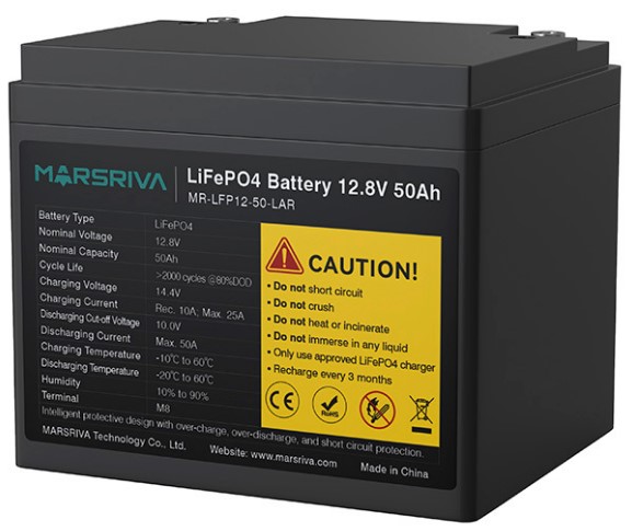 

Батарея Marsriva MR-LFP12-50-LAR LiFePO4, 12.8В/50Ач, Deya, Класс A, 2000 циклов, MR-LFP12-50-LAR