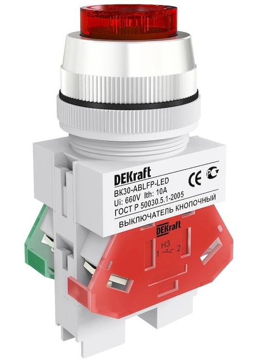 

Выключатель DEKraft 25048DEK ВK-30 кнопочный ABLFP D=30мм LED 220В красный, 25048DEK
