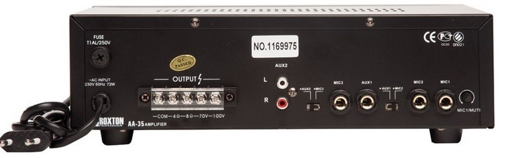 

Микшер-усилитель Roxton AA-35 трансляционный, 35 Вт, 100...16000 Гц, 100В/70В/8 Ом/4 Ом, 3 микроф./2 лин. входа, ~220В, AA-35