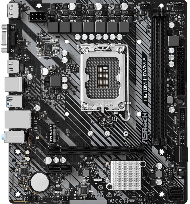 

Материнская плата mATX ASRock H610M-HDV/M.2 R2.0 (LGA1700, H610, 2*DDR4 (3200), 4*SATA 6G, M.2, 3*PCIE, 7.1CH, Glan, 2*USB 3.2, USB Type-C, HDMI, D-Su, H610M-HDV/M.2 R2.0