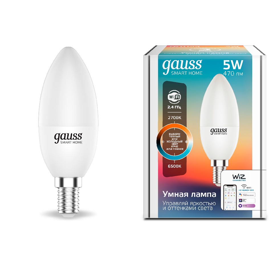 

Лампа светодиодная Gauss 1110112 Smart Home DIM+CCT E14 C37 5 Вт 450...470 лм, 1110112