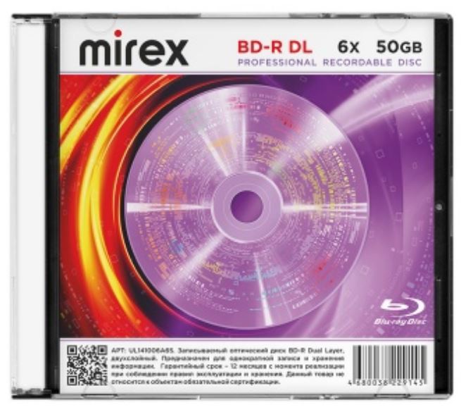 

Диск BD-R Mirex UL141006A6S 50Gb, 6x, Slim Case (1), DL (1/50), UL141006A6S