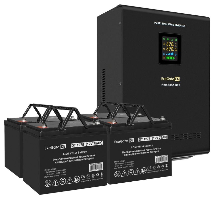 

Комплект Exegate FineSine SX-7000.LCD.AVR.2SH.T EX296688RUS ИБП EX296005RUS + батарея 75Aч EX282983RUS 4шт (инвертор, синус, для котла, настенный) 700, FineSine SX-7000.LCD.AVR.2SH.T
