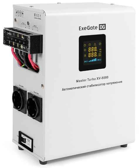 

Стабилизатор напряжения Exegate Master Turbo XV-8000 EX298252RUS (8000ВА, вход 80-265В, цветной дисплей, выход 220В±8%, КПД 98%, 5 уровней защиты, зад, Master Turbo XV-8000