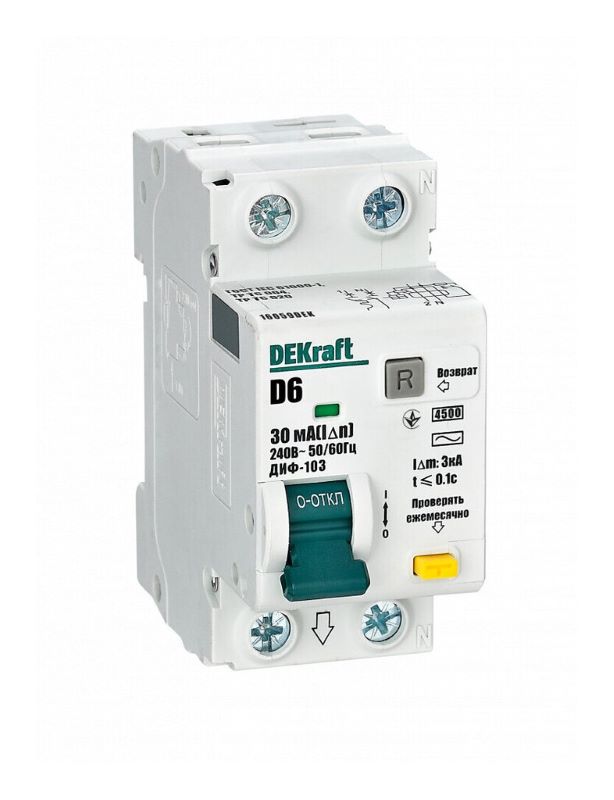 

Автомат дифференциальный DEKraft 16059DEK 1Р+N 6А 30мА тип AC х-ка D ДИФ-103 4.5кА, 16059DEK
