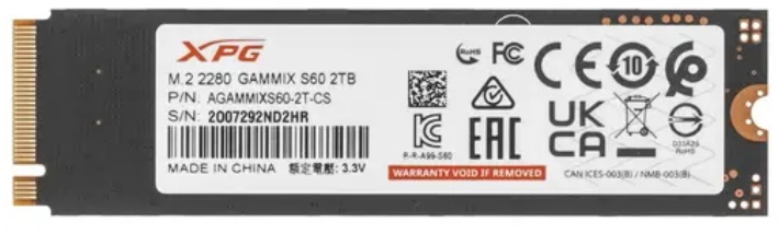 

Накопитель SSD M.2 2280 ADATA AGAMMIXS60-2T-CS XPG GAMMIX S60 BLADE 2TB PCIe 4.0x4 (NVMe 1.4) 3D NAND 5000/4200MB/s TBW 450 MTBF 1.5M, AGAMMIXS60-2T-CS