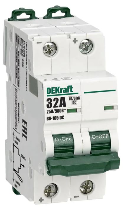 

Автоматический выключатель DEKraft 13368DEK ВА-105 2P B кривая 20A 500В DC, 13368DEK