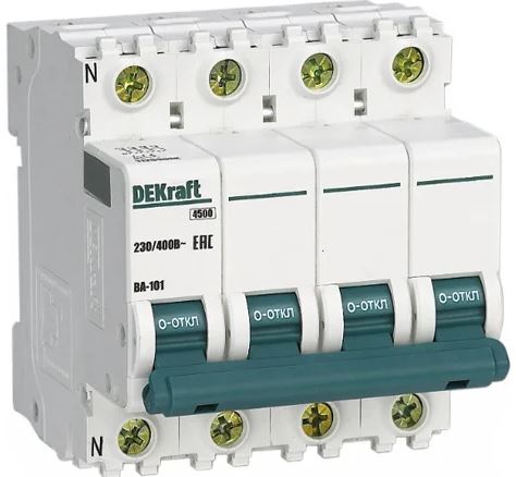 

Автоматический выключатель DEKraft 11252DEK 3Р+N 10А х-ка C ВА-101 4,5кА, 11252DEK