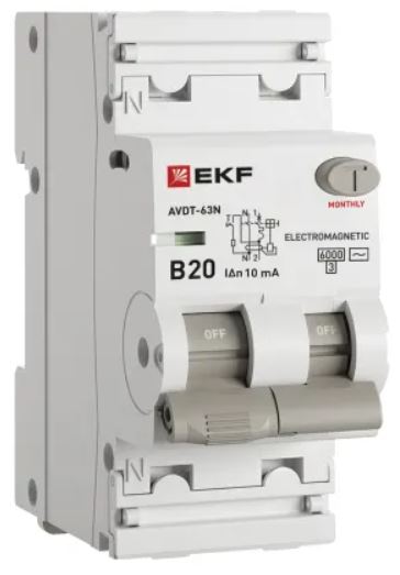 

Автомат дифференциальный EKF D63N26M20B10 АВДТ-63N 1P+N 20А (B) 10мА (AC) эл-мех 6кА PROXIMA, D63N26M20B10