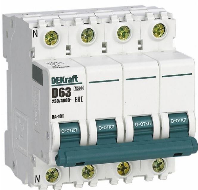 

Автоматический выключатель DEKraft 11276DEK 3P+N 63А х-ка D ВА-101 4,5кА, 11276DEK