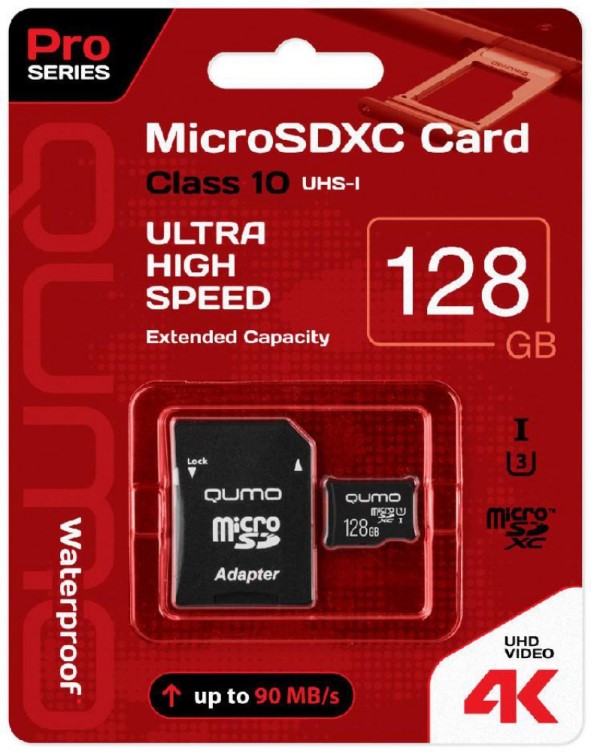 

Карта памяти 128GB Qumo QM128GMICSDXC10U3 MicroSDXC Class 10 UHS-I, SD adapter, QM128GMICSDXC10U3