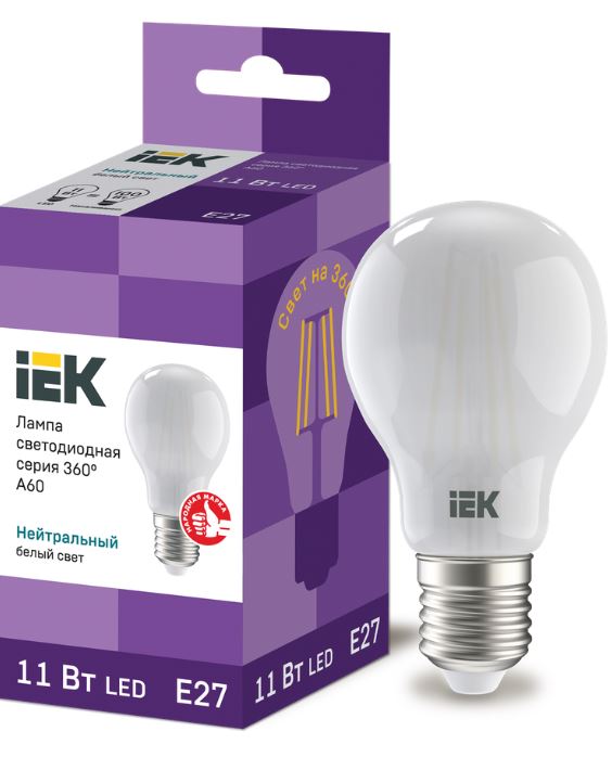 

Лампа светодиодная IEK LLF-A60-11-230-40-E27-FR филаментная A60 груша матовая 11Вт 230В 4000К E27 серия 360°, LLF-A60-11-230-40-E27-FR