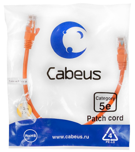 фото Кабель патч-корд U/UTP 5e кат. 0.3м Cabeus PC-UTP-RJ45-Cat.5e-0.3m-OR-LSZH в Смоленске