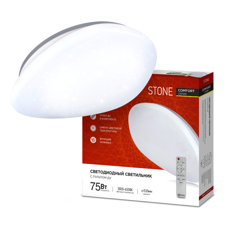 

Светильник светодиодный IN HOME 4690612035642 COMFORT STONE 75Вт 230В 3000-6500К 6000лм 530х105мм с пультом ДУ, 4690612035642