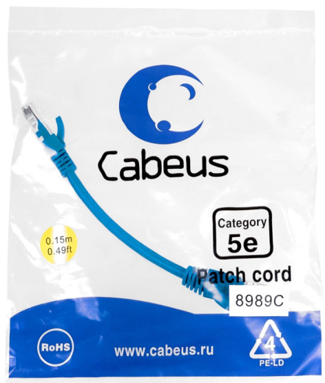 фото Кабель патч-корд U/UTP 5e кат. 0.15м Cabeus PC-UTP-RJ45-Cat.5e-0.15m-BL-LSZH в Санкт-Петербургe
