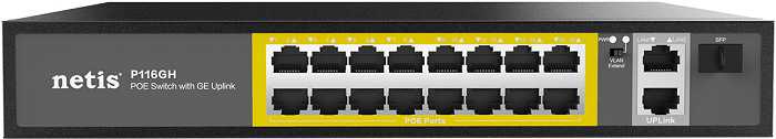 

Коммутатор неуправляемый netis P116GH 16*10/100 Мбит/с POE+, 2*10/100/1000 Мбит/с Uplink RJ45, 1000 Мбит/с Uplink SFP, бюджет POE+ 200 Вт, P116GH