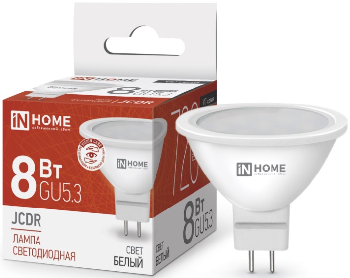 

Лампа светодиодная IN HOME 4690612020334 LED-JCDR-VC 8Вт рефлектор 4000К нейтральный, белый GU5.3 720лм, 4690612020334