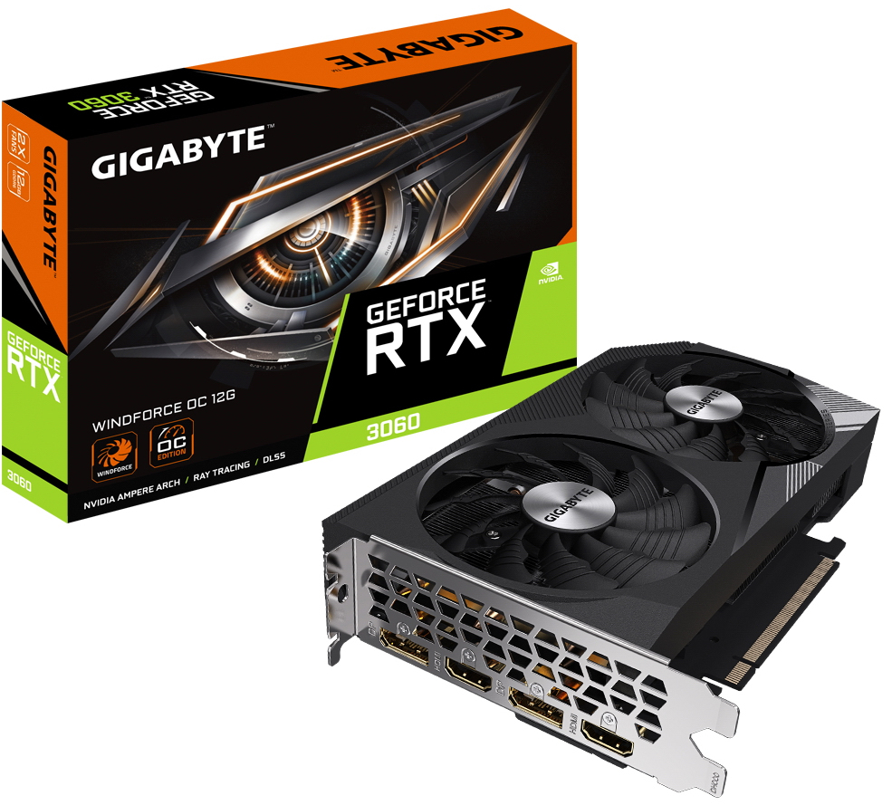 

Видеокарта PCI-E GIGABYTE GeForce RTX 3060 WINDFORCE (GV-N3060WF2OC-12GD) 12GB GDDR6 192bit 8nm 1777/15000MHz 2*HDMI/2*DP, GeForce RTX 3060 WINDFORCE (GV-N3060WF2OC-12GD)