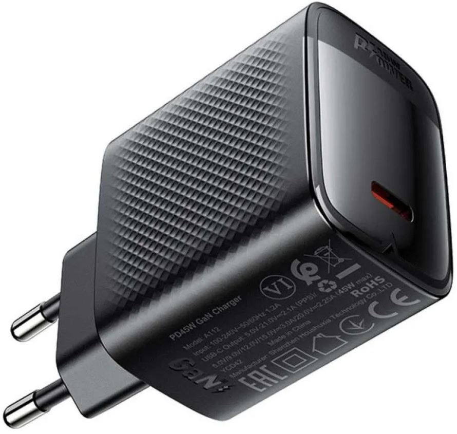

Зарядное устройство сетевое ACEFAST A112 PD45W Gan Single USB-C Charger EU. Цвет: черный, A112
